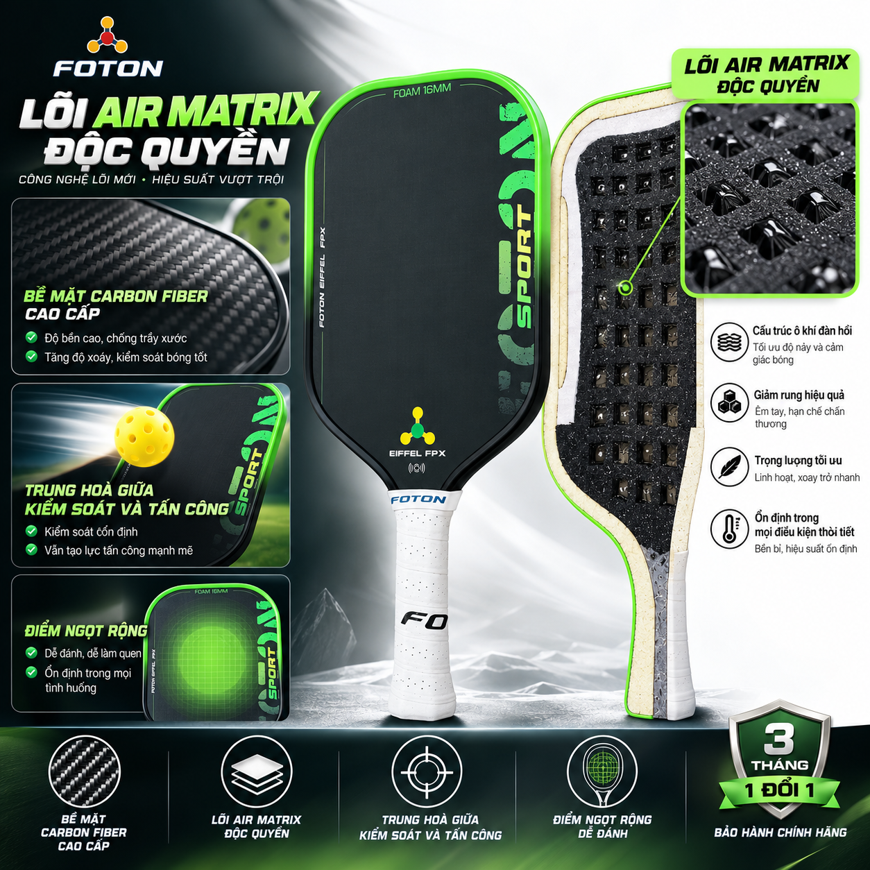 Vợt Pickleball FOTON Eiffel FPX 16mm Carbon Fiber – Lõi Foam Air Matrix, Chip NFC Chính Hãng